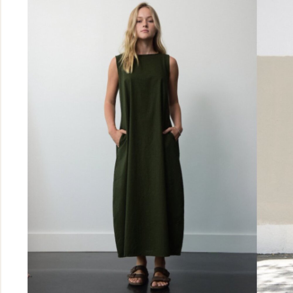 LABO.ART Abito Happy Dress Dark Olive Green Perforated Cotton Sleeveless Maxi - Picture 3 of 13